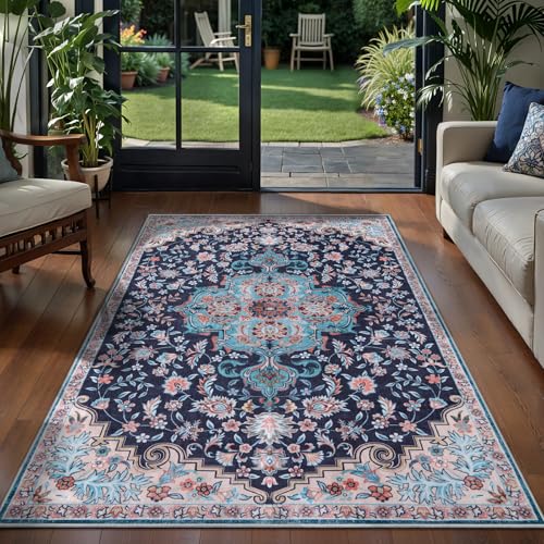 Tapete Boho Floral Lavable Azul 3 x 5 pies miniatura 3