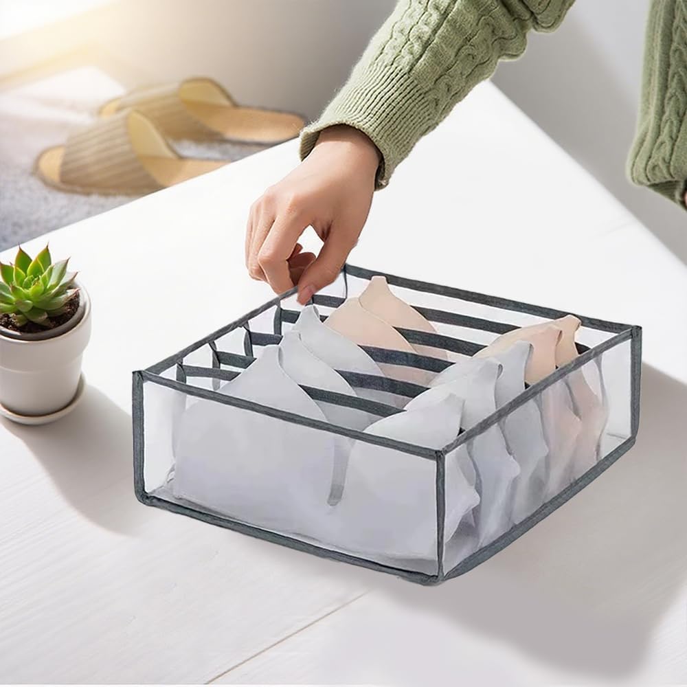 1 Pcs Drawer Organizers, 6 Grids Underwear Wardrobe Organizers Divider, Closet Organizers and Storage Boxes, Foldable Closet Storage Box for Underwear Bra Socks – Grey