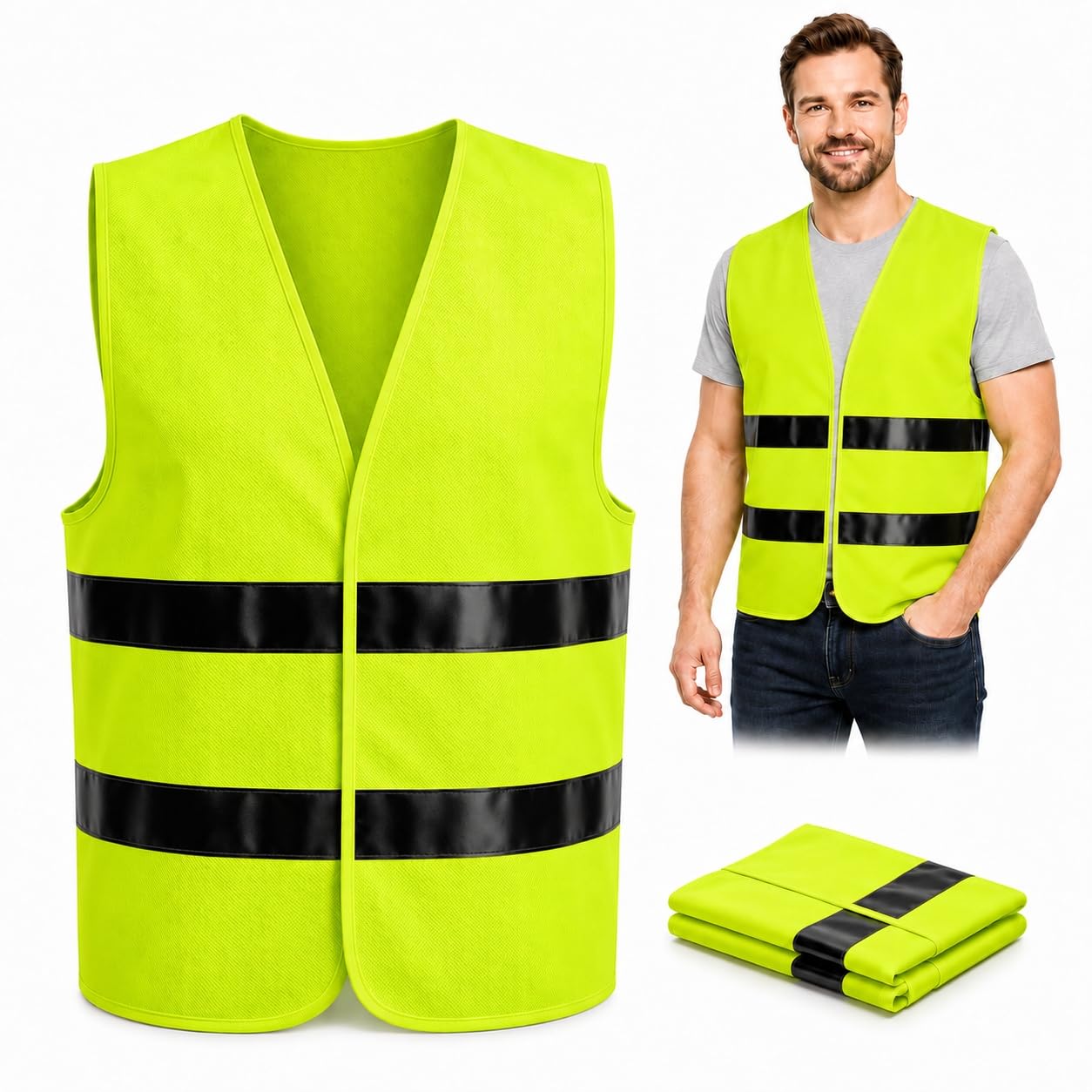 2PCS Hi Vis Vests, Yellow Reflective Vests for Construction and Running