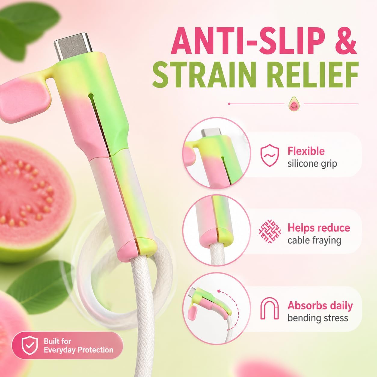 2PCS Charger Cable Protector Guava Pink & Green - 2026 Upgrade Silicone Non-Slip Cord Saver Compatible with Lightning & USB-C Type-C Cables, 2-in-1 Dustproof Wire Organizer and Protection