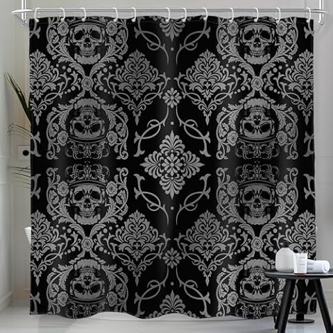 AMBZEK Black Skull Damask Shower Curtain 72Wx72L Inch Gothic Skeleton Antique Victorian Baroque Vintage Floral Spooky Artwork Cloth Fabric Waterproof Polyester Bathroom Decor Set with 12 Pack Hooks Cover