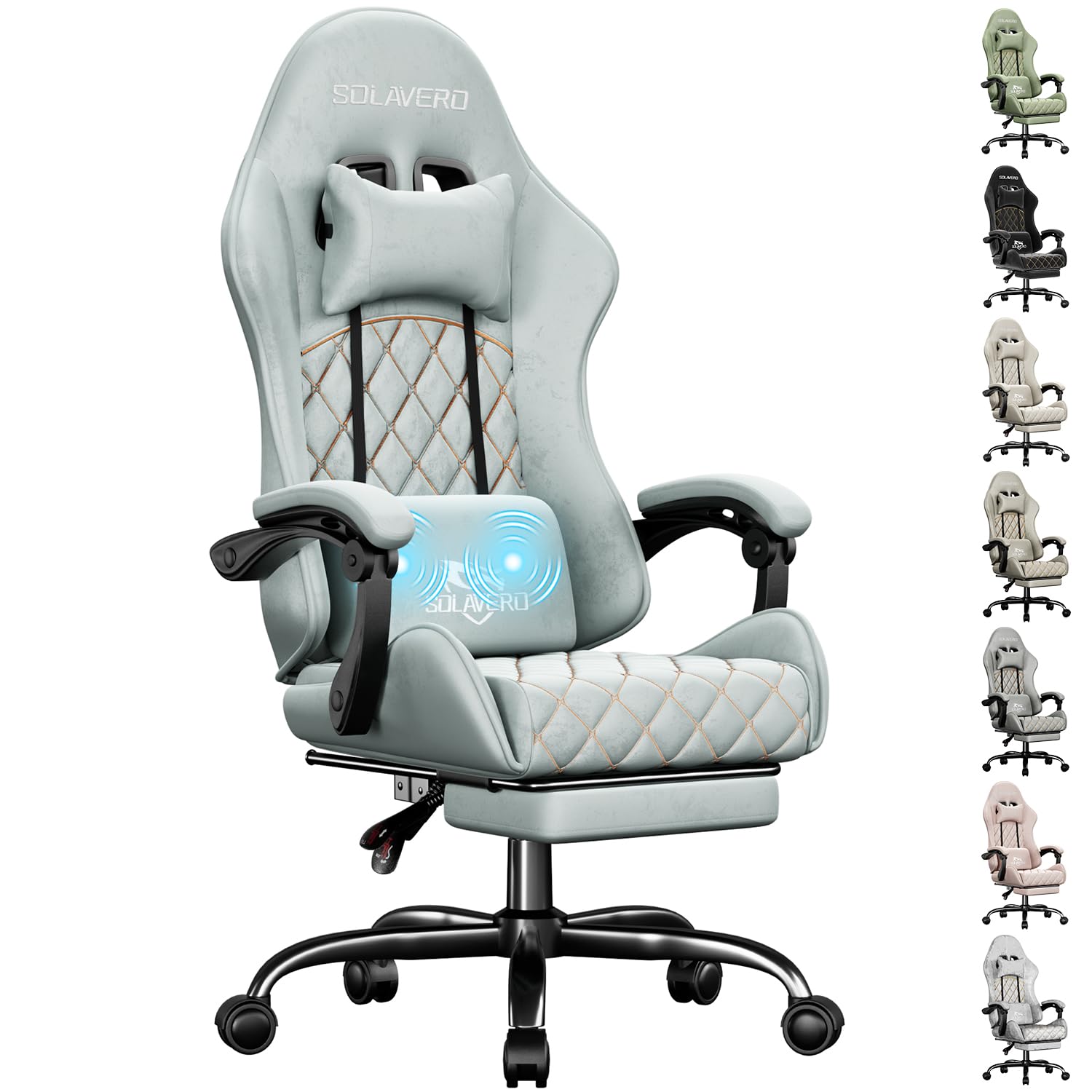 SOLAVERO Chaise Gaming en Tissu Suédine, Fauteuil Gamer Ergonomique avec Support Lombaire Massante, Siège de Bureau avec Repose-Pieds Télescopique, Charge 150kg, Bleu Clair