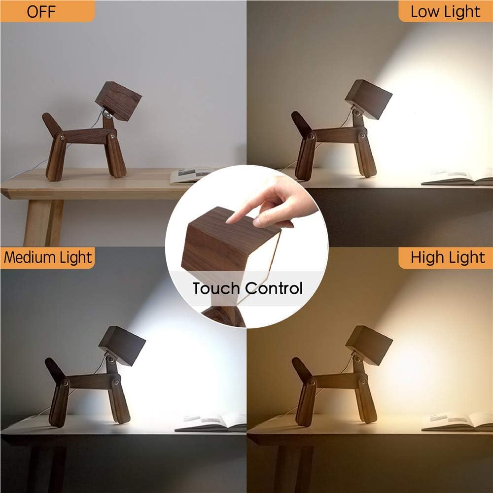 Super Cute Dog Table Lamp for Kids Room Bedroom Bedside - Dimmable Touch Control Wood Fun Unique Desk Lamp Warm White Light Gifts for Friends Boys Girls Dorm Farmhouse (Walnut Color)