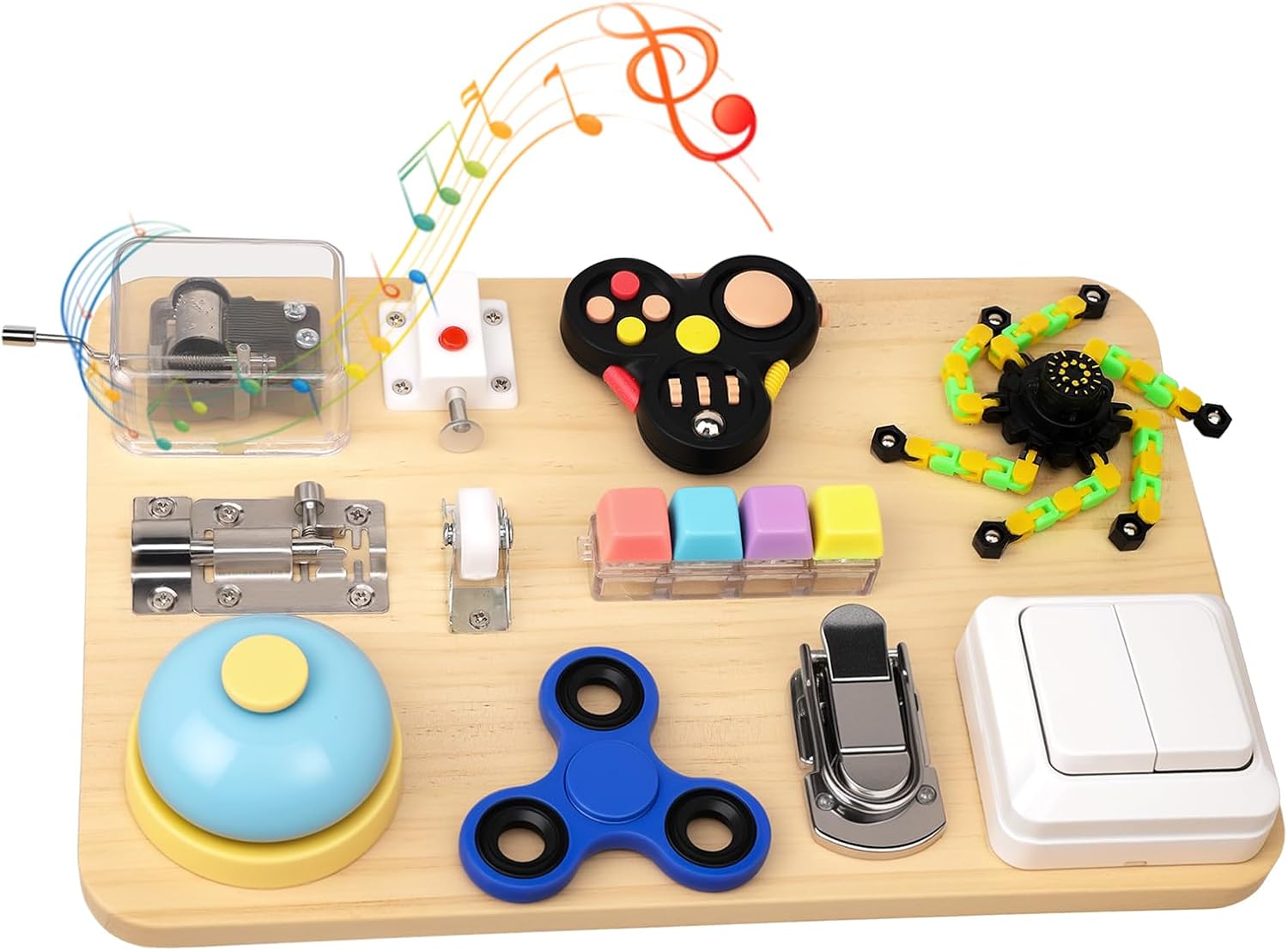 Fidget Busy Board 11.6×7.9 Inches Kids Boys Girls, Wooden Fidget Pad Sensory Spinner Press Roller Button Music Toys Robot Gyro for Stress Relief, Locks for Education, Birthday Gift School Prize