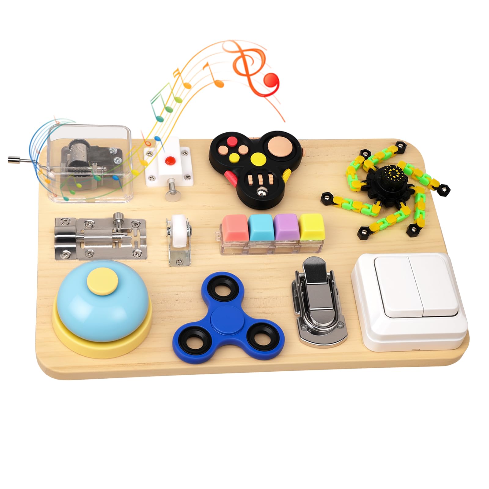 Fidget Spinner Board Busy Toy for KIds Age 3-12, Montessori Gadget for Boys Girls- Musical Fidget Pad Wooden Sensory Toys -Fidget Activity Board - Focus Toy Motor Skills Gifts for Toddlers 11 in 1