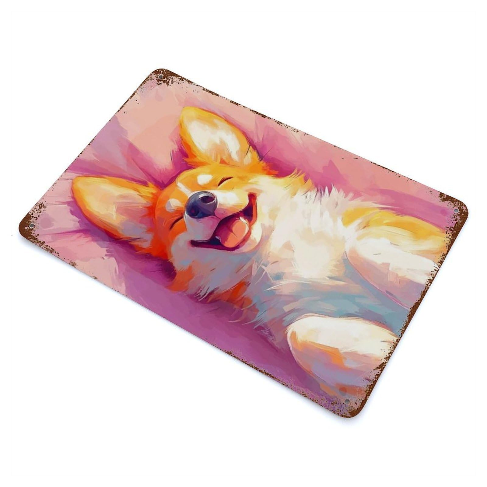 Distressed Metal Wall Sign with Happy Corgi Painting Design 11.8"x7.9", for Living Room, Hallway And Home Decor, Vintage Wall Decor