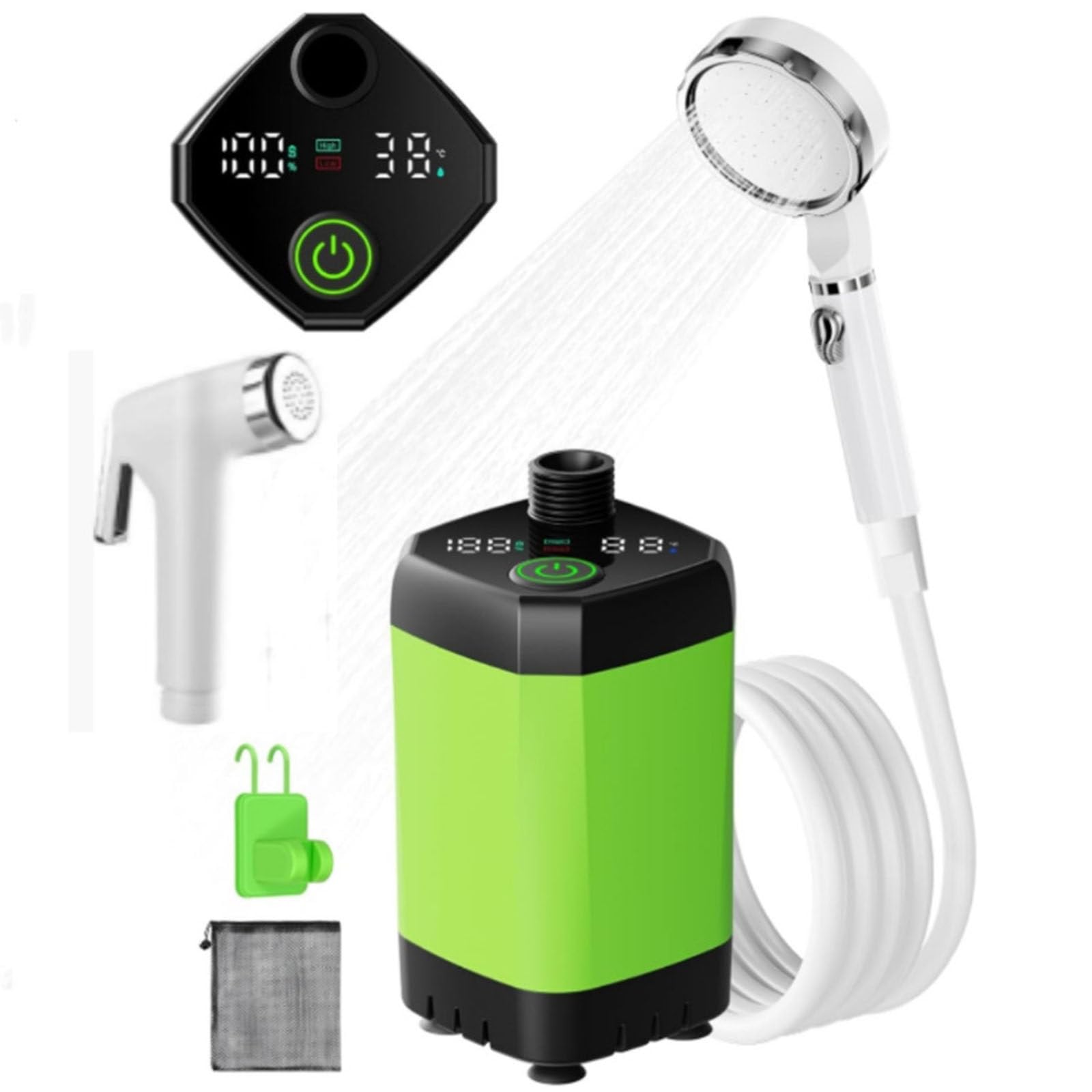 QSWLHLYY Portable Camping Shower, 6000mAh Rechargeable Camping Shower with Intelligent Digital Display, Outdoor Camp Pump, 4 Spray Modes, Camping Shower Pump for Hiking Travel Car Pet GreenA