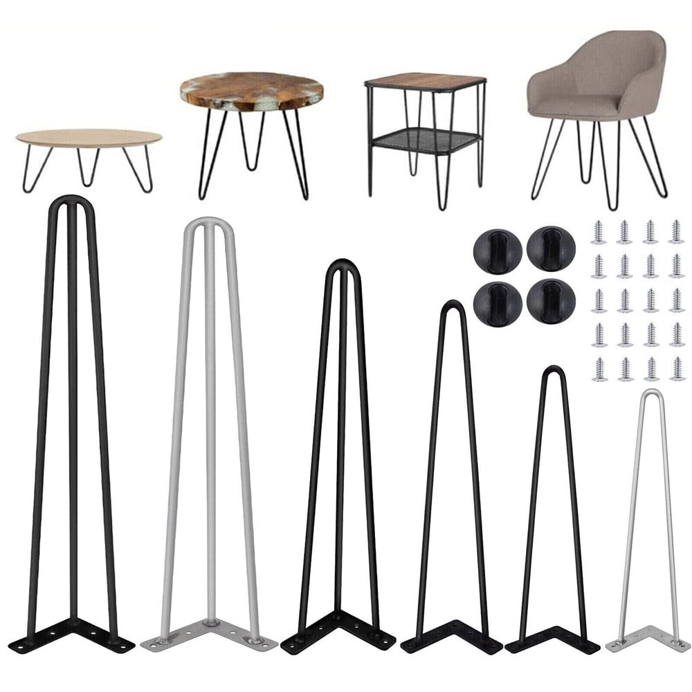 10 inch Coffee Table Legs 25cm Black Metal Steel Bench Desk Legs Heavy Duty Hairpin Legs for DIY Project 2 Rods 4pcs Mid-Century Modern Style with Free Screws & Protector Feet & Pre-drilled Holes