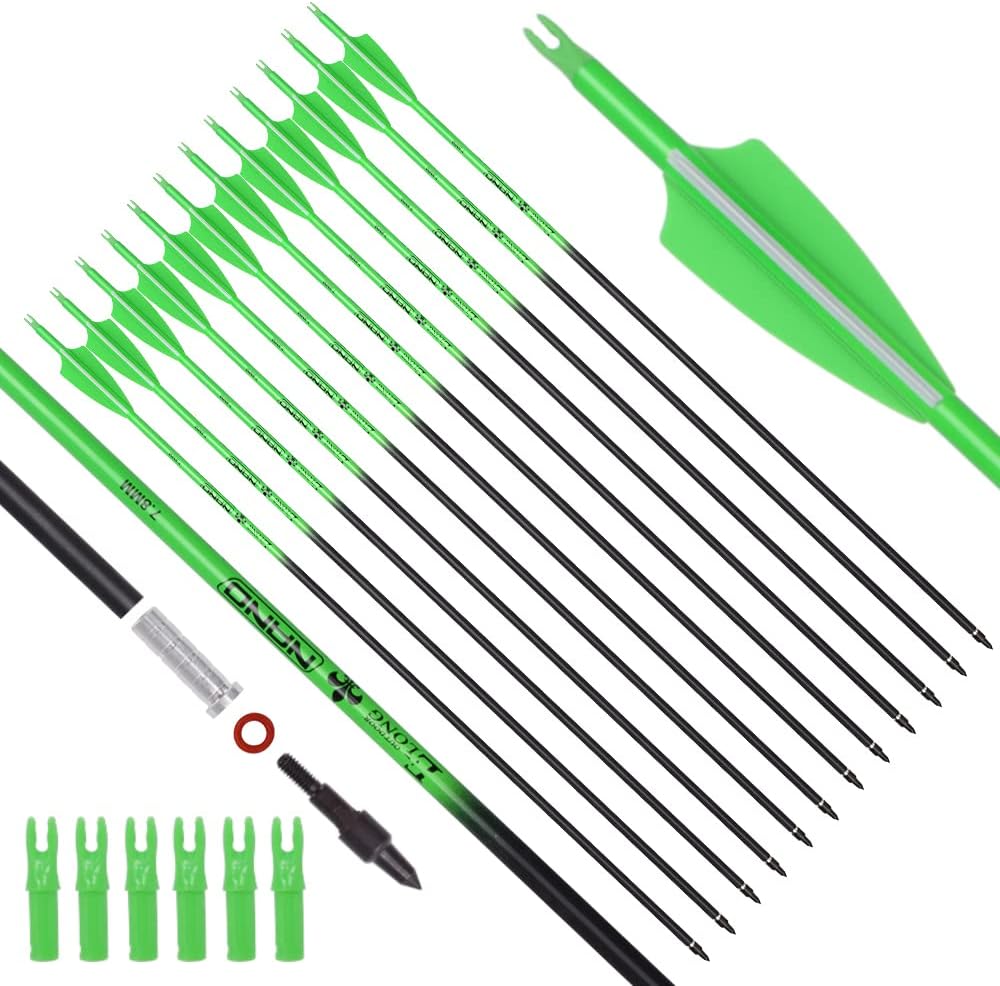 Elong 12PCS 28" Arrows for Compound Bows,Carbon Hunting Arrows for Archery Spine 500 with 100 Grain Screw Tips,Green/Orange