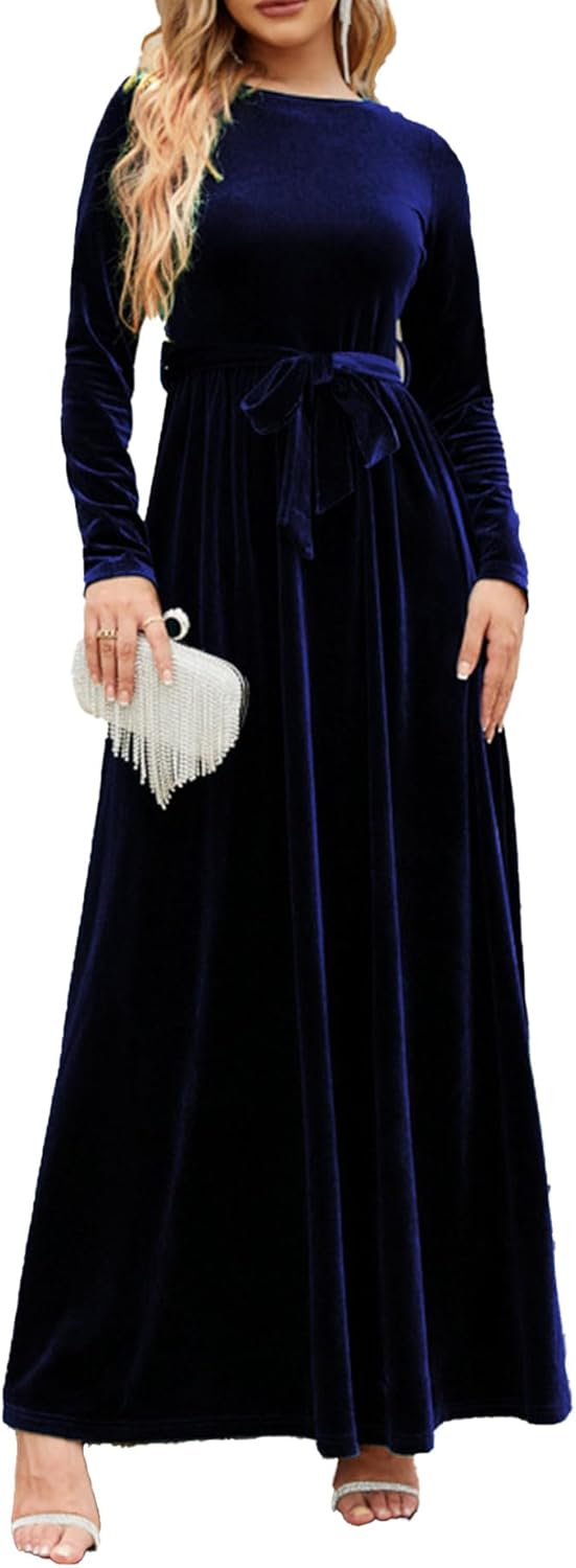 SOMTHRON Women's Velvet Maxi Dress Long Sleeve Crew Neck Belted Pleated Cocktail Party Elegant A-Line Dresses
