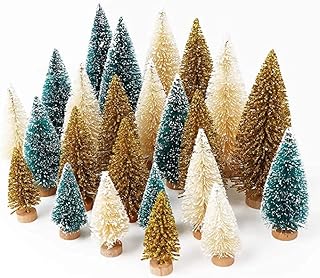 OurWarm 24PCS Mini Christmas Tree Artificial Frosted Sisal Pine Trees with Wooden Bases, DIY Crafts Bottle Brush Trees for Christmas Home Table Top Decor Winter Ornaments Green, Gold and Ivory