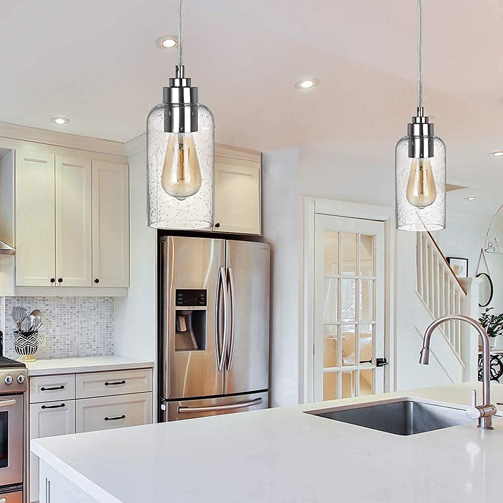 DEWENWILS Plug in Pendant Light, Hanging Ceiling Light with 15FT Cord, Seeded Glass Shade, Hanging Pendant Light with On/Off Switch for Living Room, Bedroom, Dining Hall, ETL Listed