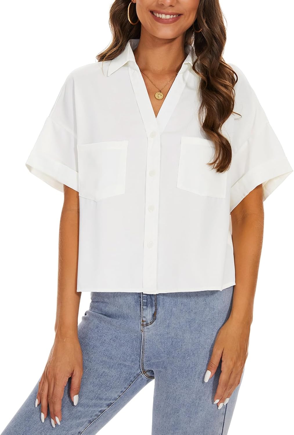 MINTLIMIT Womens Button Down Crop Tops Casual Short Sleeve Cropped Shirts Solid Lapel Blouse Shirt with Chest Pocket - Image 3