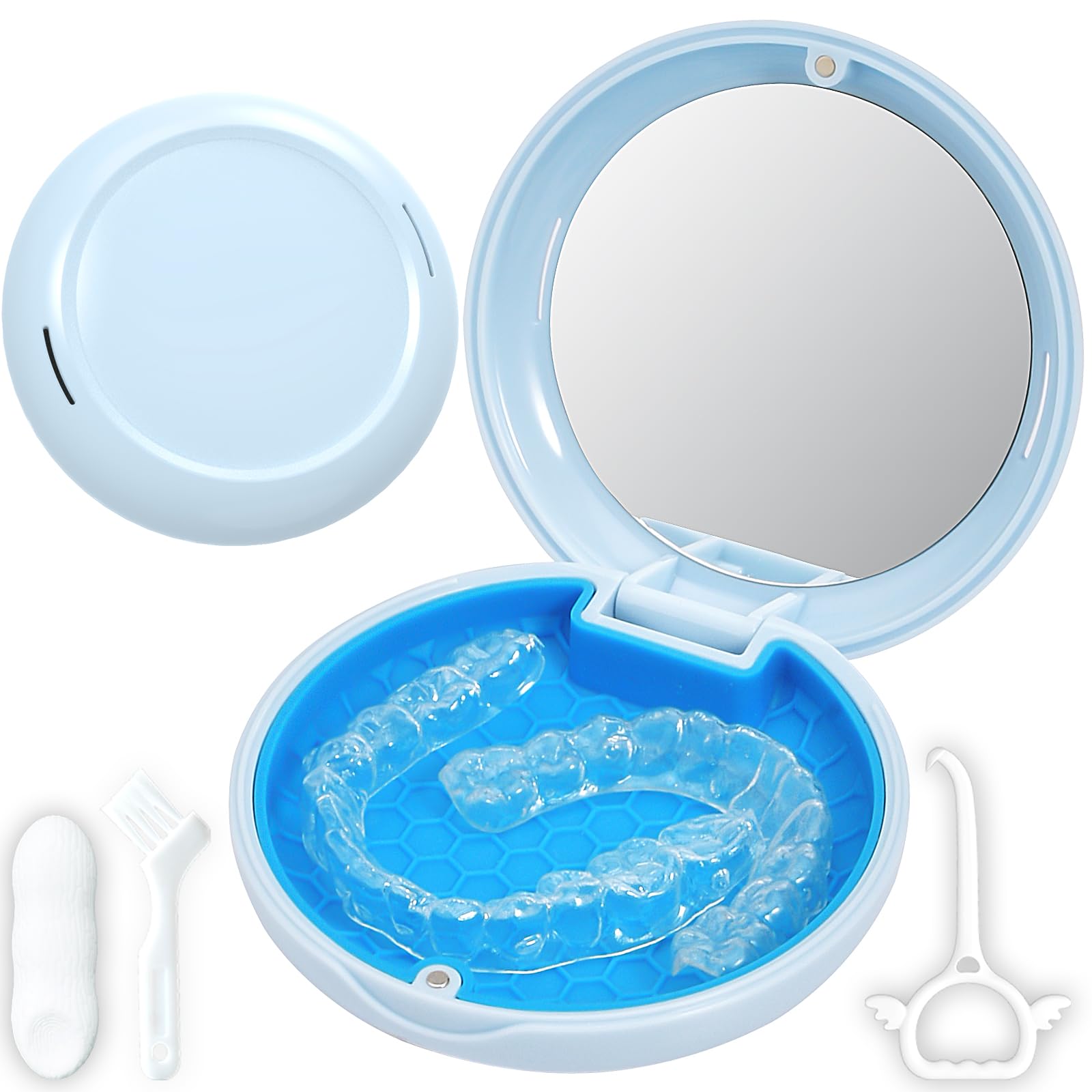 Gaboolo Retainer Case with Mirror,Slim Aligner Case with Vent Holes,Cute Dental Brace Box with Retainer Removal Tool and Brush (Blue Blue)