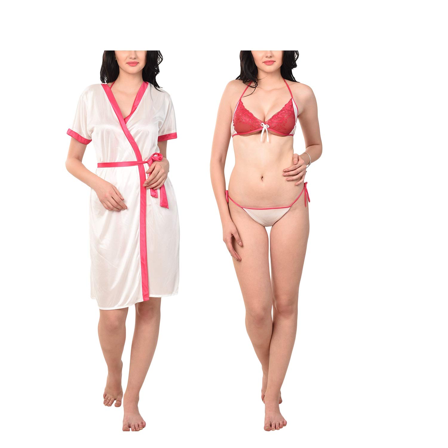 RIKOSA Women's Satin Contrast Robe with Lingrie Set,