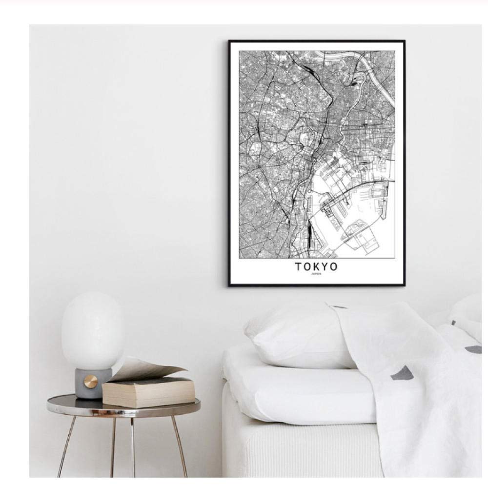 AdoDecor Bilder auf Leinwand Benutzerdefiniertes Schwarz-Weiß-Weltstadtkarten-Poster von TokioWandbilder Wohnzimmer Bilder Set Bild Schlafzimmer Badezimmer(Gerahmt)