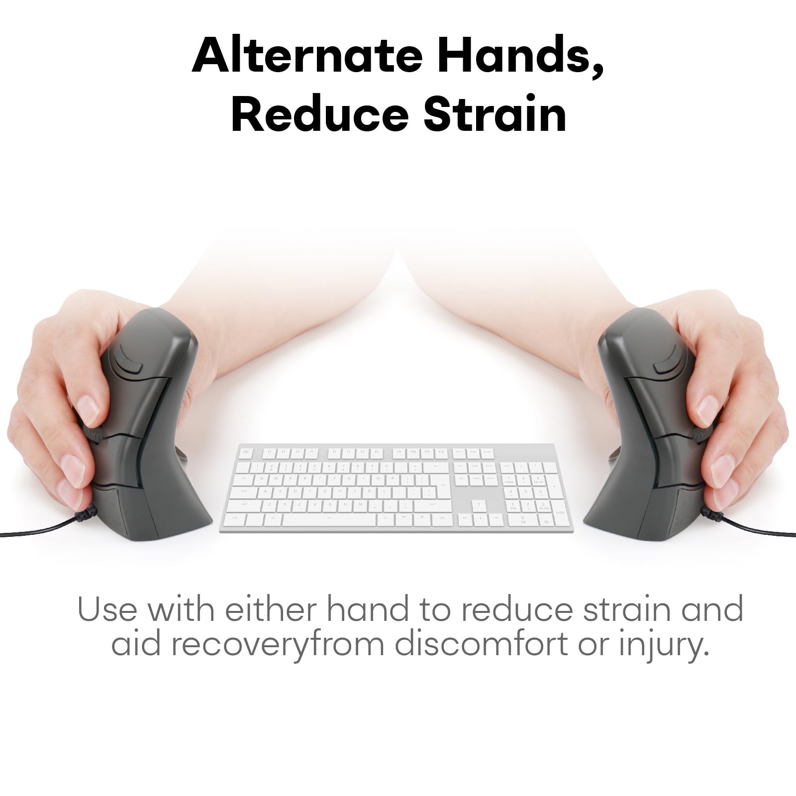 Ratón vertical ergonómico con agarre de precisión, con cable, diseño ambidiestro (negro)