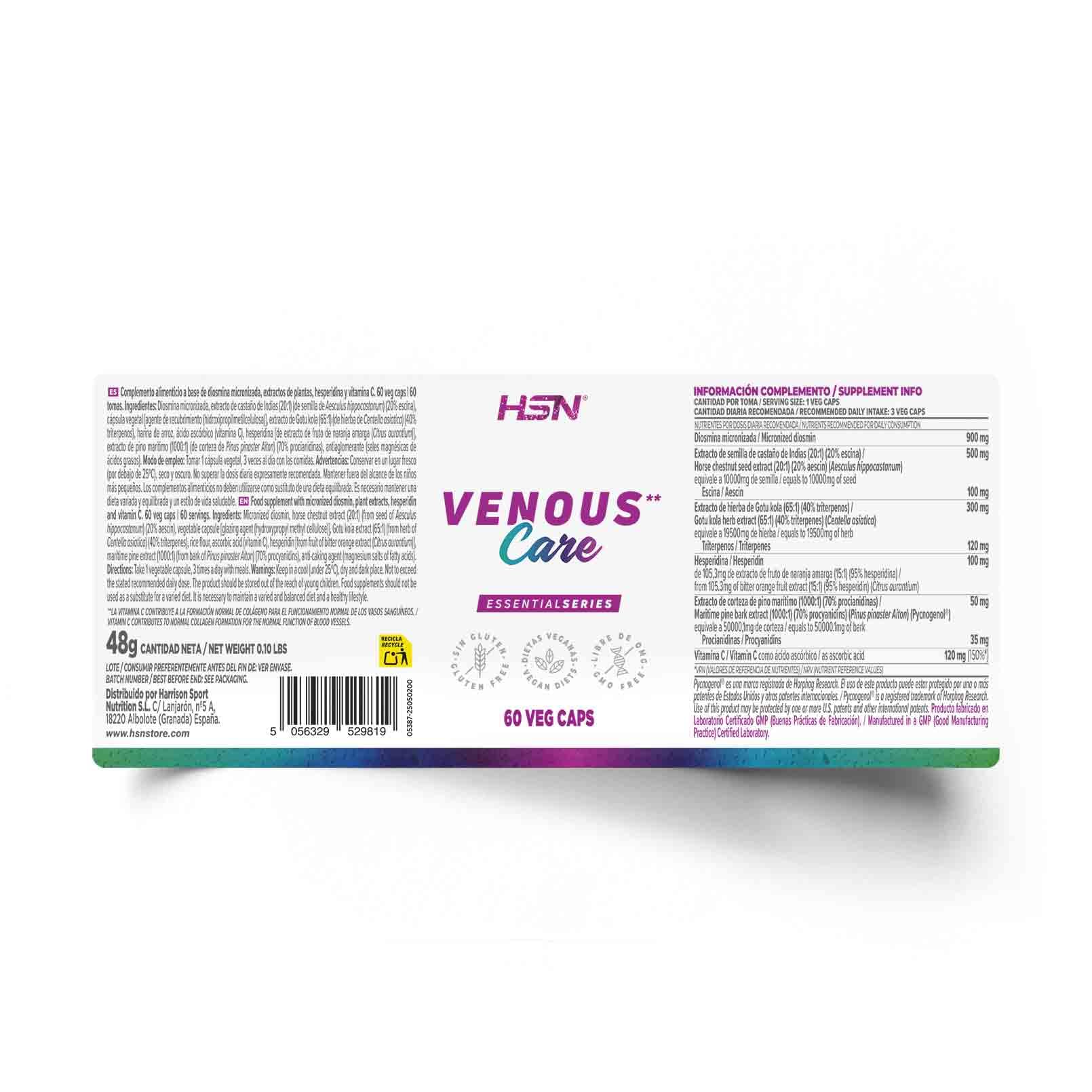 HSN Venous Care | 60 Cápsulas Vegetales | Diosmina Hesperidina Pycnogenol® Castaño de Indias Gotu kola Vitamina C | No-GMO, Vegano, Sin Gluten