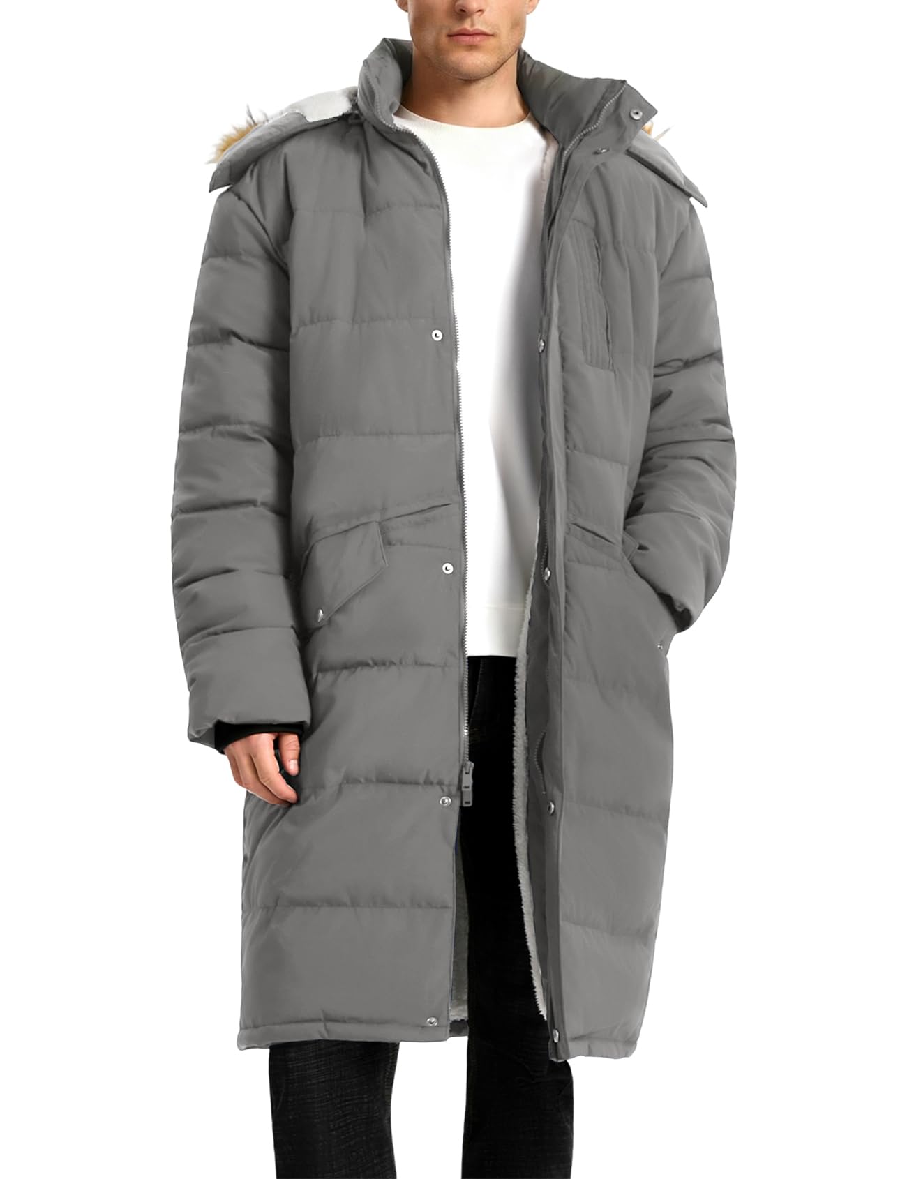 Wyeysyt Mens Long Puffer Jacket Winter Fleece Coats Warm Hooded Water Resistant Puffy Thicken Jacket