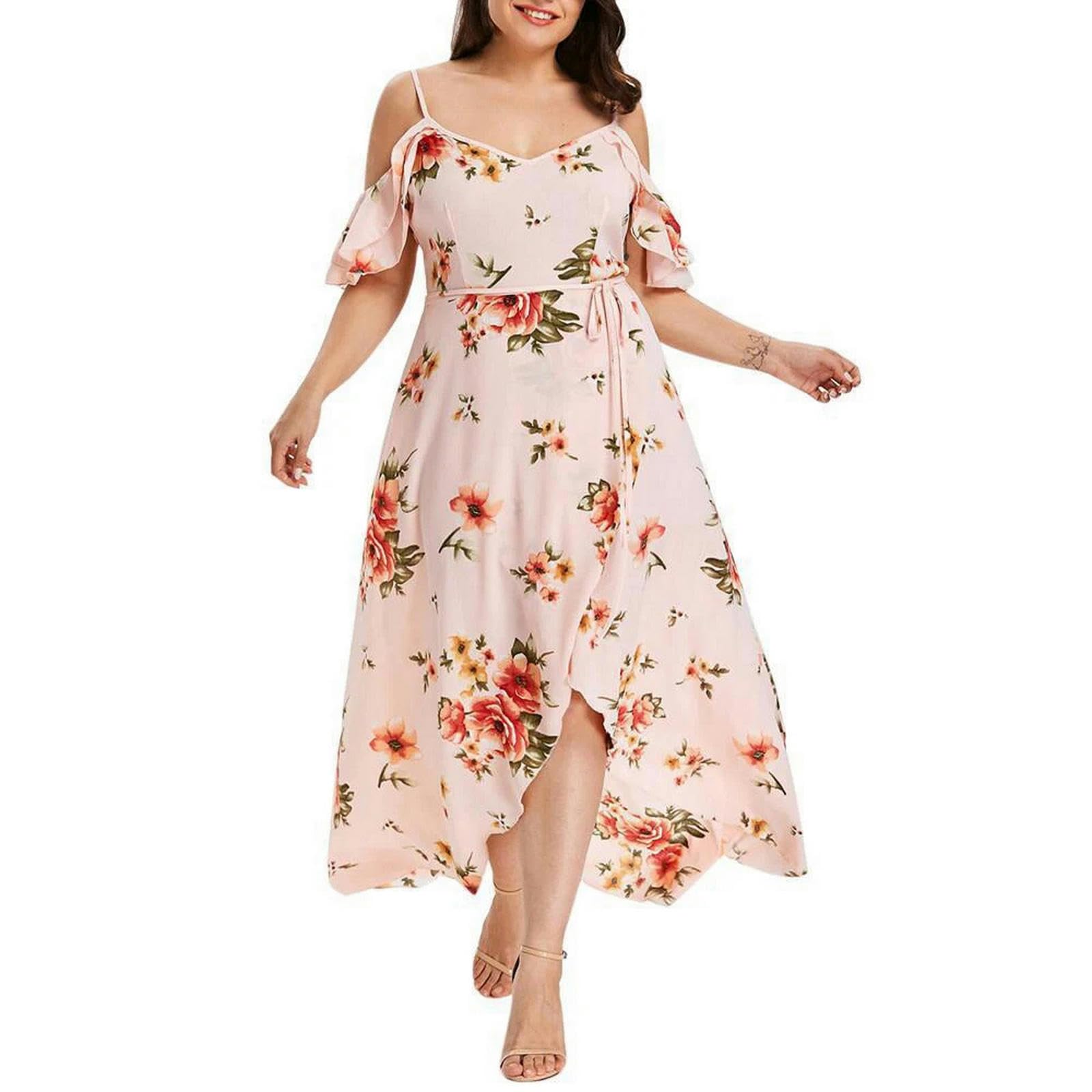 Vestido de Verano de Flores Femeninas de Gran Tamaño Vestido Bohemio de Manga Corta de Cuello V con Volantes en Forma de a, HUTALIM, Negro, XXL