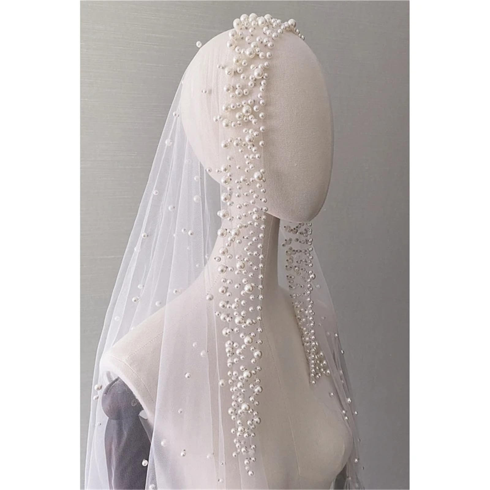 Brautschleier Romantischer, schleppender Kathedralen-Hochzeitsschleier, einlagiger Perlen-Perlen-Kopfschmuck