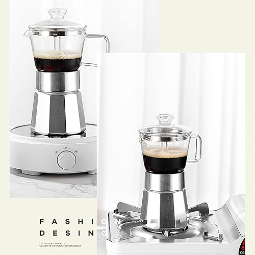 Miniatura 8 de SIXAQUAE Moka - Cafetera de café expreso, encimera de cristal y cafetera de aluminio para expreso, cafetera italiana clásica, 12.2fl oz (8taza)