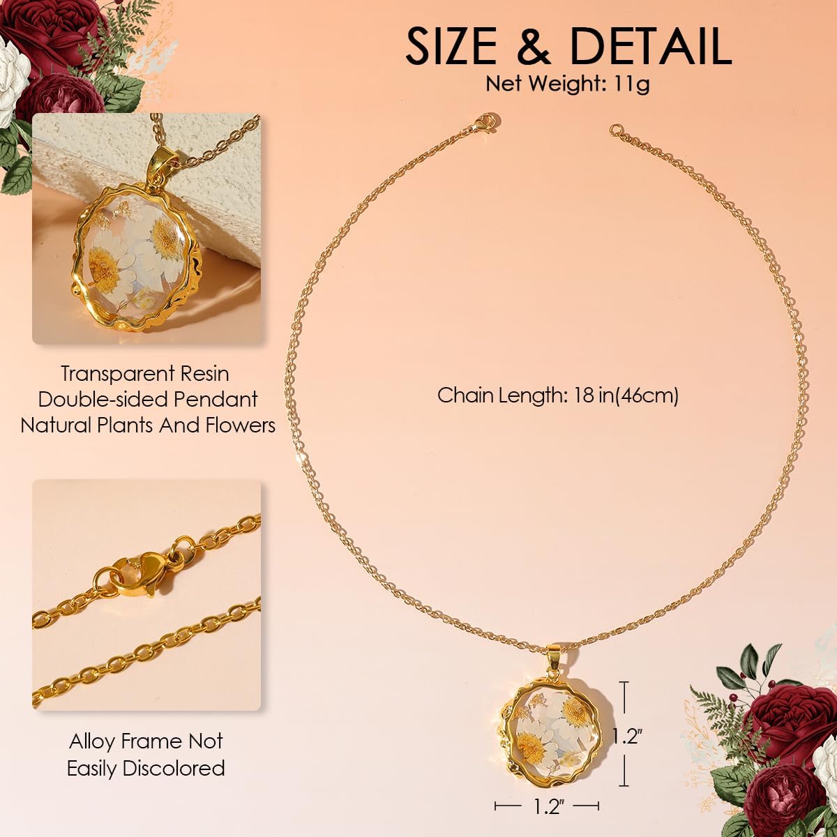 Birth Flower Necklaces for Women Golden Month Real Pressed Flora Necklace Handmade Boho Jewelry for Birthday Christmas Valentine's Day Lover Mother - Image 6