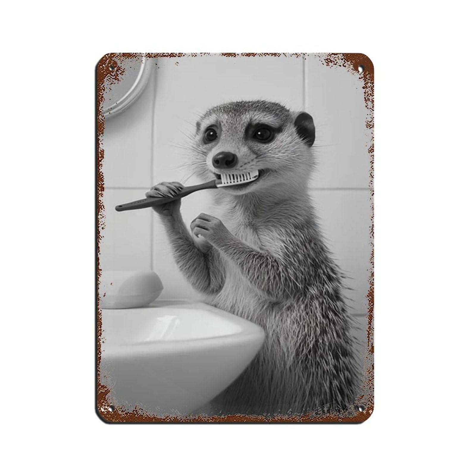 Mongoose Brushing Teeth, Funny Bathroom Art Retro Poster Metal Tin Sign Chic Art Retro Iron Painting Bar People Cave Cafe Family Garage Poster Wall Decoration 12x16inch(30x40cm)