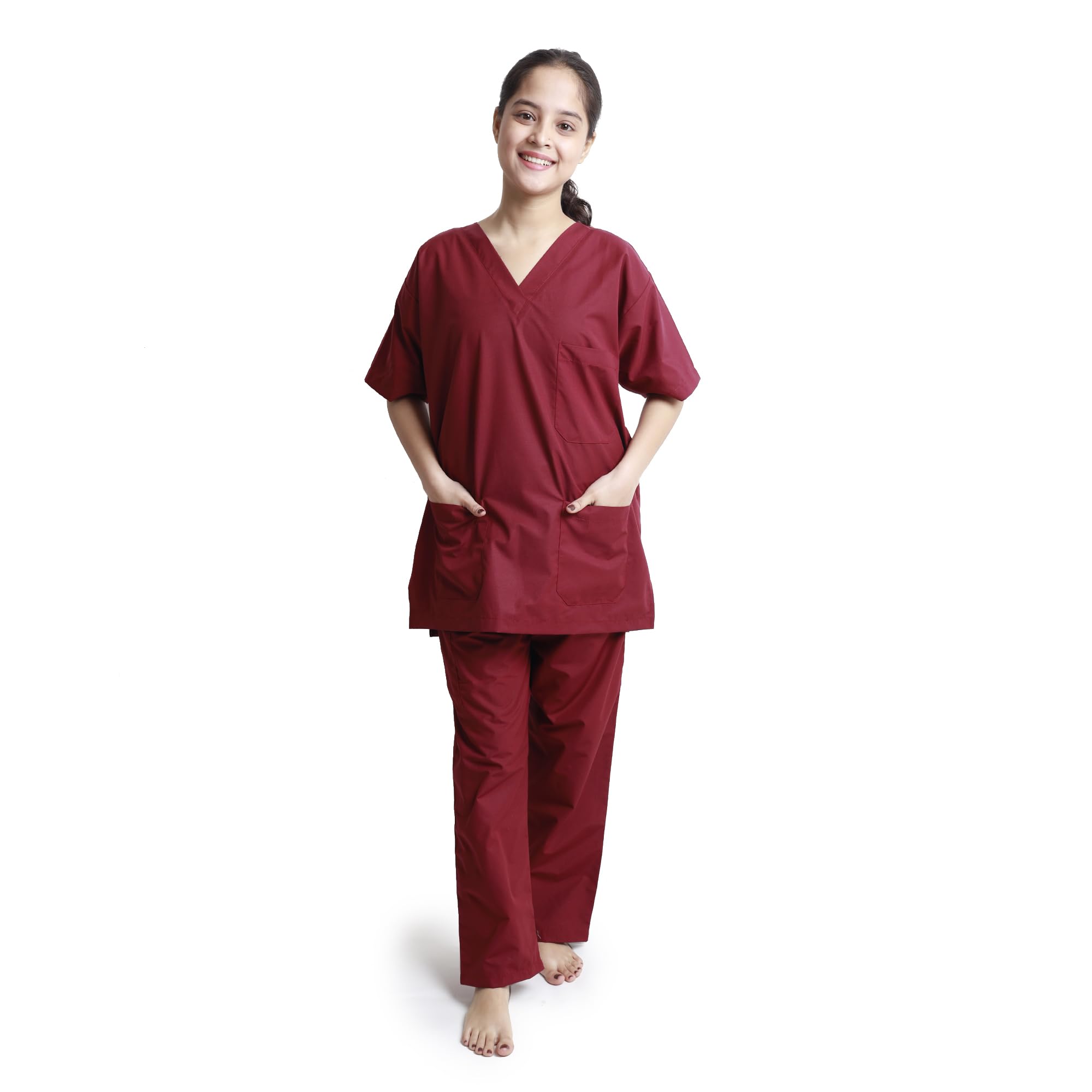 mednoon MednoonSurgical Unisex Medical Scrub Suit Set | Maroon | V-Neck Top with Pants | Short Sleeve | Professional Healthcare Uniform with Pockets |-picture-13