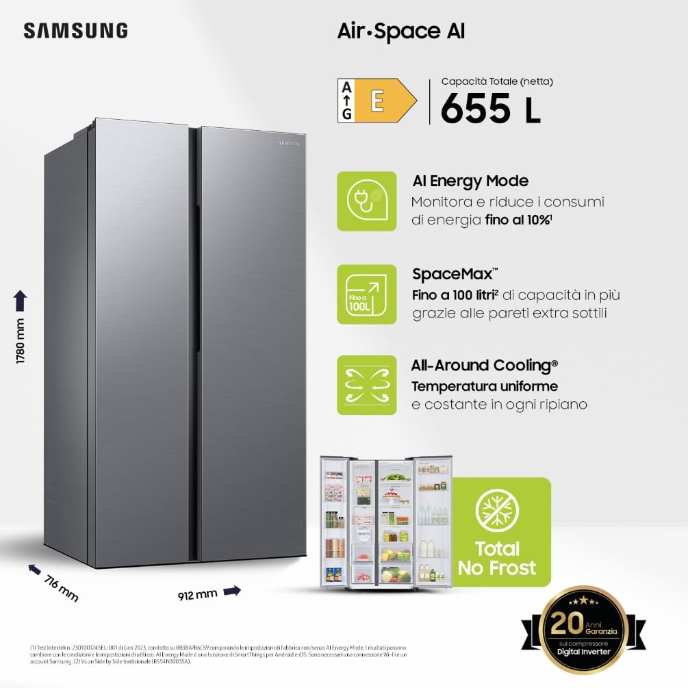 Samsung Frigorifero Side by Side Samsung Air Space AI RS62DG5003S9/EF, Wifi, All Around Cooling, SpaceMax, Ice Maker, 655 L, LxAxP: 91,2 x 178 x 71,6 cm, Metal Inox