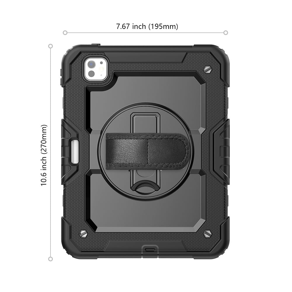 SEYMAC Funda para iPad Pro 11 Pulgadas M5/M4 2025/2024, Funda Resistente a Impactos con Protección para Pantalla, Soporte Giratorio 360°, Correa para el Hombro y Soporte para Lápiz, Negro