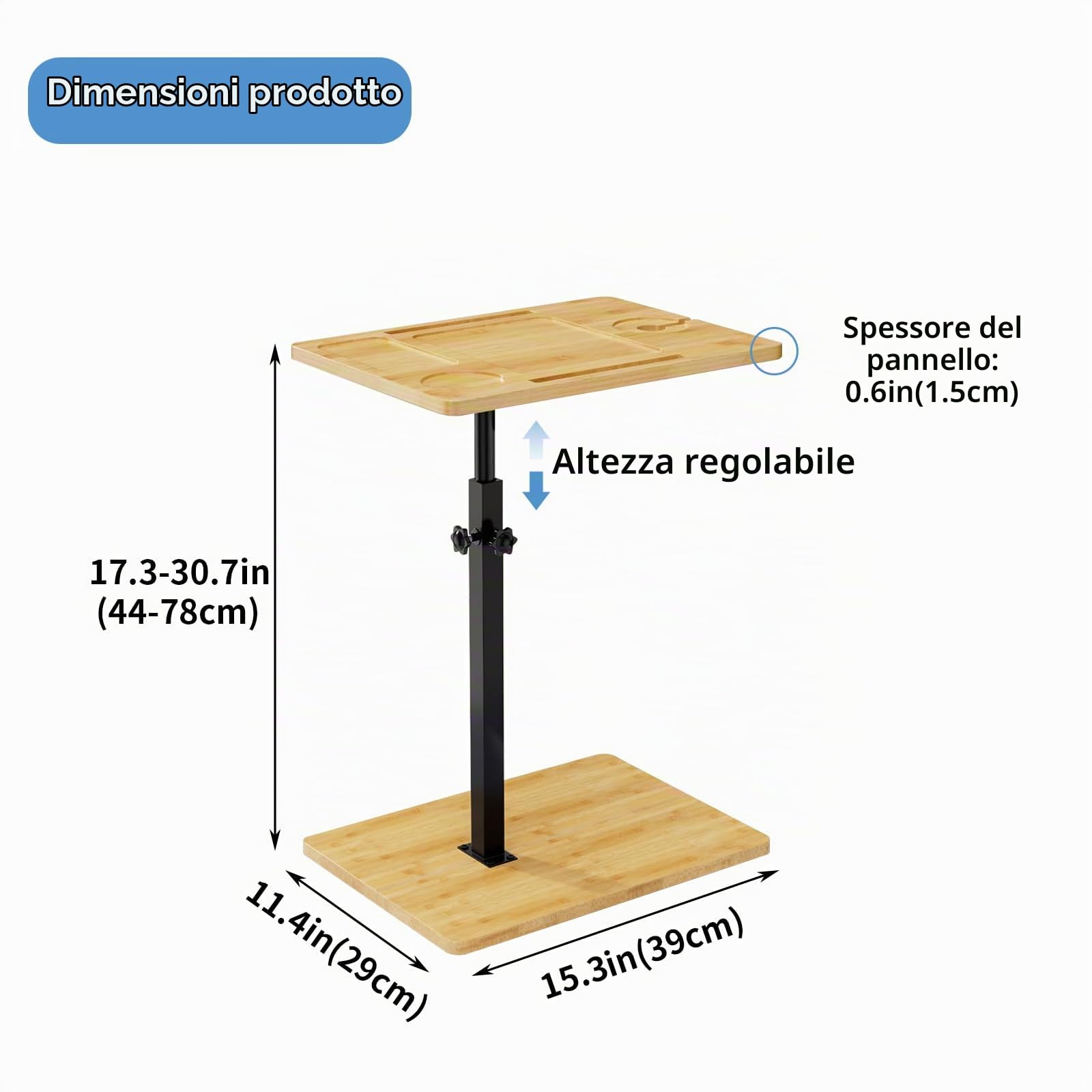 Tavolino Laterale Regolabile in Bambù, Tavolino da Letto, Altezza regolabile, Vassoio per Vasca da Bagno Bambù, Salvaspazio, Comodino