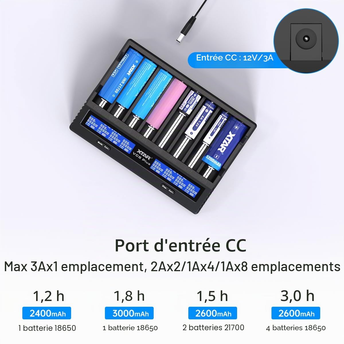 XTAR VC8 Plus 21700 Chargeur de batterie 1,2 V AAA AA 3,6 V Liion Chargeur de batterie Testez la capacité de la batterie (VC8 Plus Set)