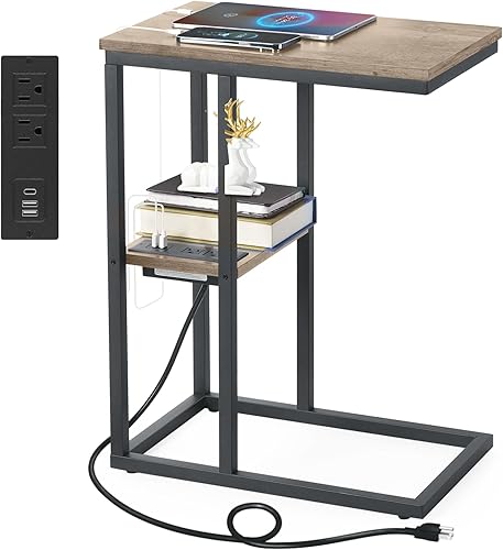 Miniatura 10 de Vagusicc Mesa auxiliar en forma de C con estación de carga, mesa auxiliar pequeña para sofá, mesa de sofá, portátil, escritorio para espacios