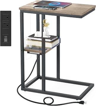 Vagusicc C-Shaped End Table with Charging Station Small Couch Side Table with USB Port Outlet Sliding Sofa Table TV Tray Arm C Table for Living Room
