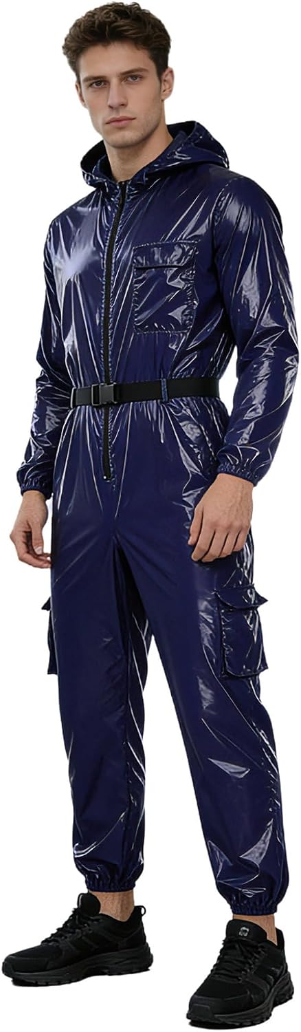 Mens Glossy Waterproof Coveralls Safety Raincoat Front Zipper Mechanic Jumpsuit with Belt