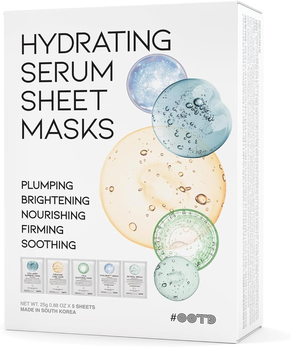 Face Mask, #OOTD [Set of 5] Korean Cosmetics Pack Daily Various Types of Face Mask Sheets for Easy Skin Care Pack Set Sheet Masks Collagen & Cica & Ceramaide & Hyaluron Seru & Retinol 5 Pack Hydrating