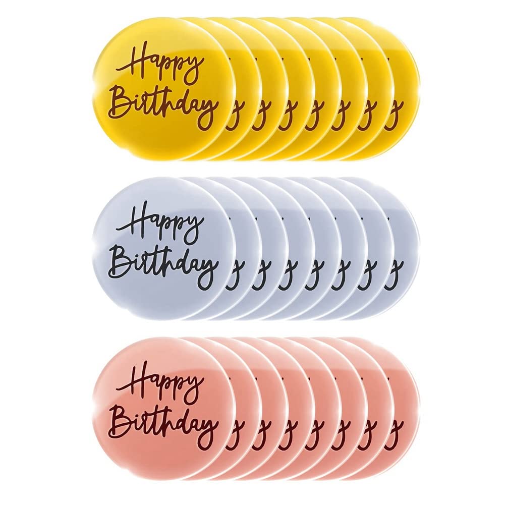 CTRLZS 24Pcs Acrylic Cake Toppers Happy Birthday Mirror Cake Disc Mini Round Engraved Cupcake Topper for DIY Cupcake Decoration