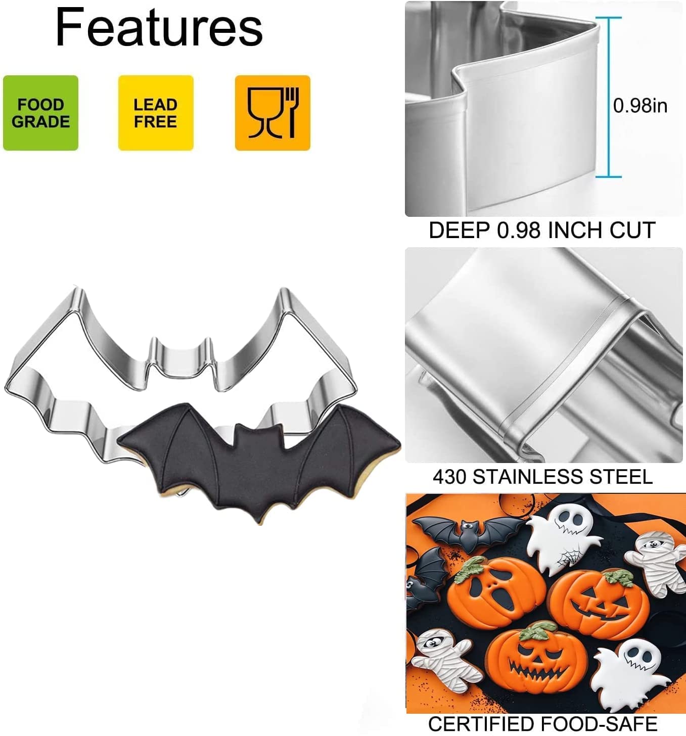 Emporte-pièces Halloween - 5 Motifs Inox (citrouille, Chauve-souris, Chat, Fantôme, Chapeau Sorcière) - Pour Biscuits Et Déco
