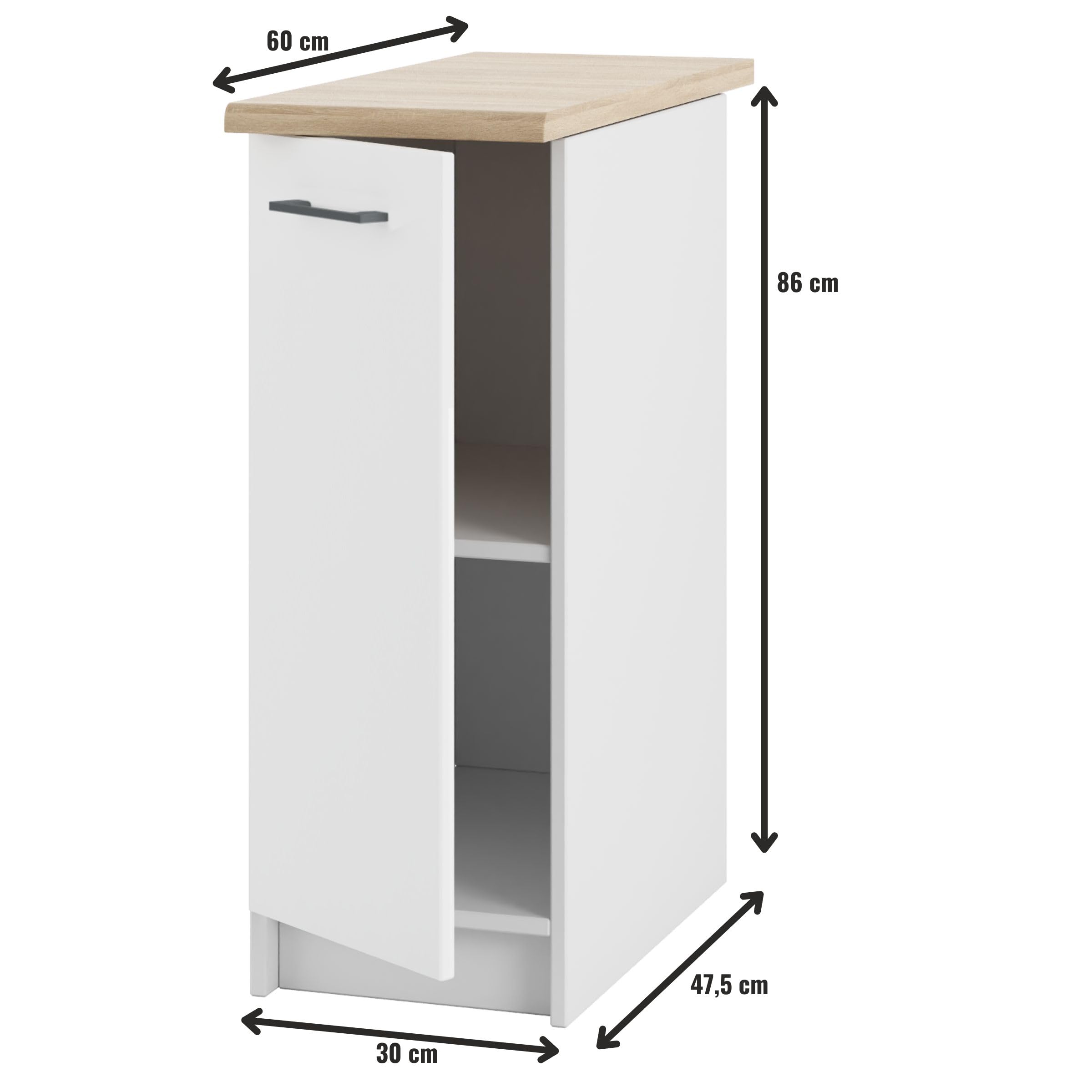 Schmaler Küchenschrank 30 cm mit Arbeitsplatte – praktischer Unterschrank für kleine und große Küchen - funktional, robust - einfache Montage - hochwertige Materialien - flexibel kombinierbar
