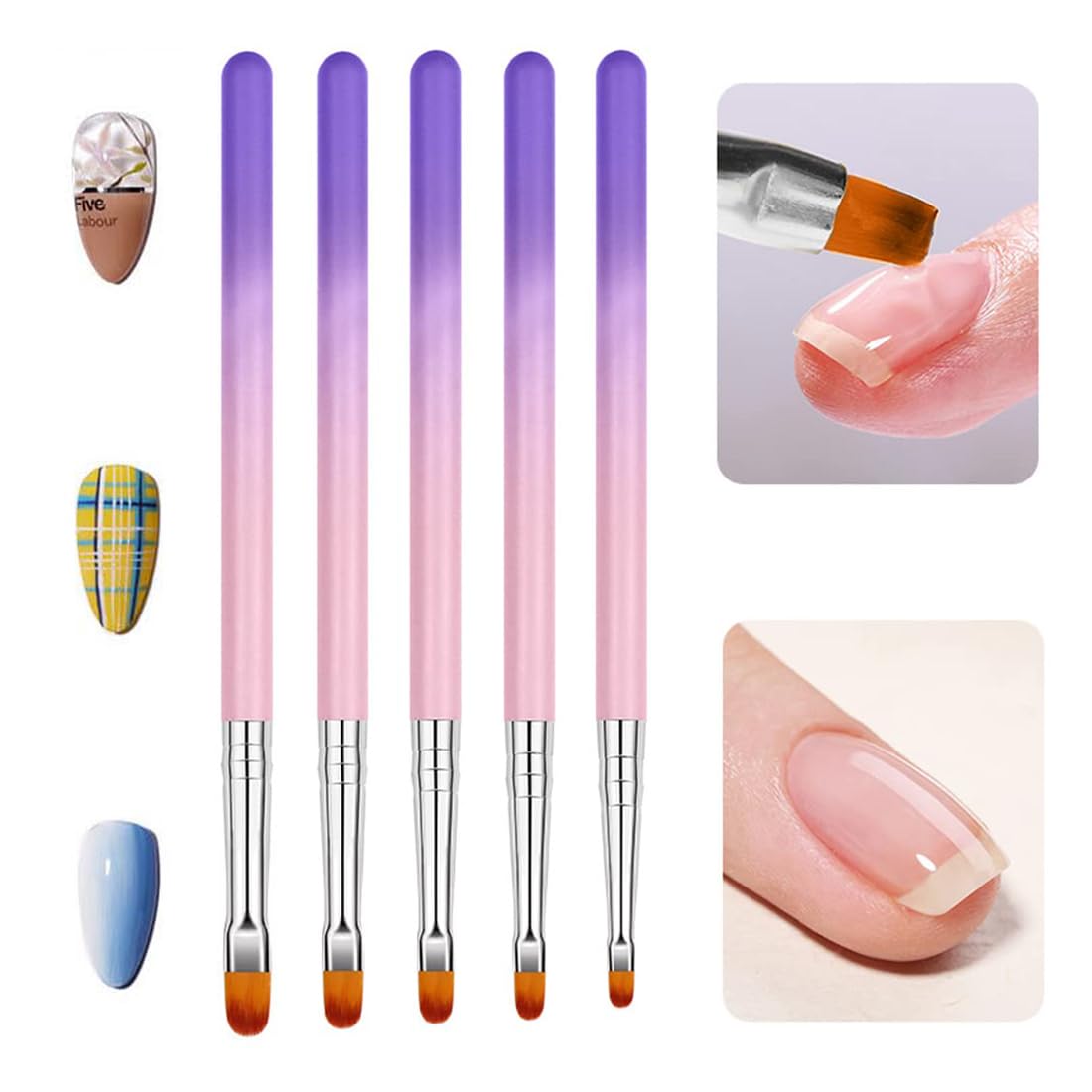 Set di 5 pennelli per unghie – Pennello professionale in gel e acrilico per unghie – Pennello gel per nail art – Pennello acrilico per unghie – Set di pennelli per unghie in gel