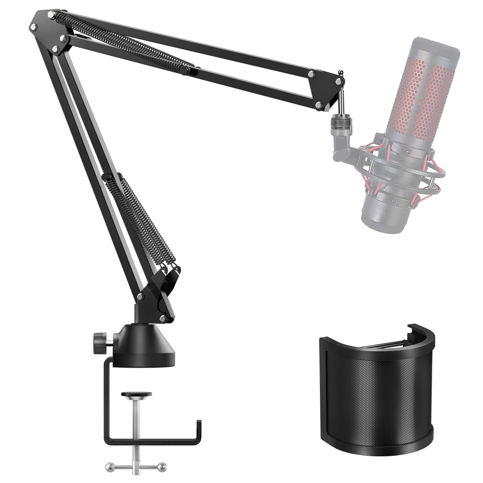 TONOR Microphone Boom Arm, Adjustable Microphone Stand Mic Arm Mic Clip Holder, Extra-large Pop Filter Compatible with Most Microphones, Recording Equipment T10