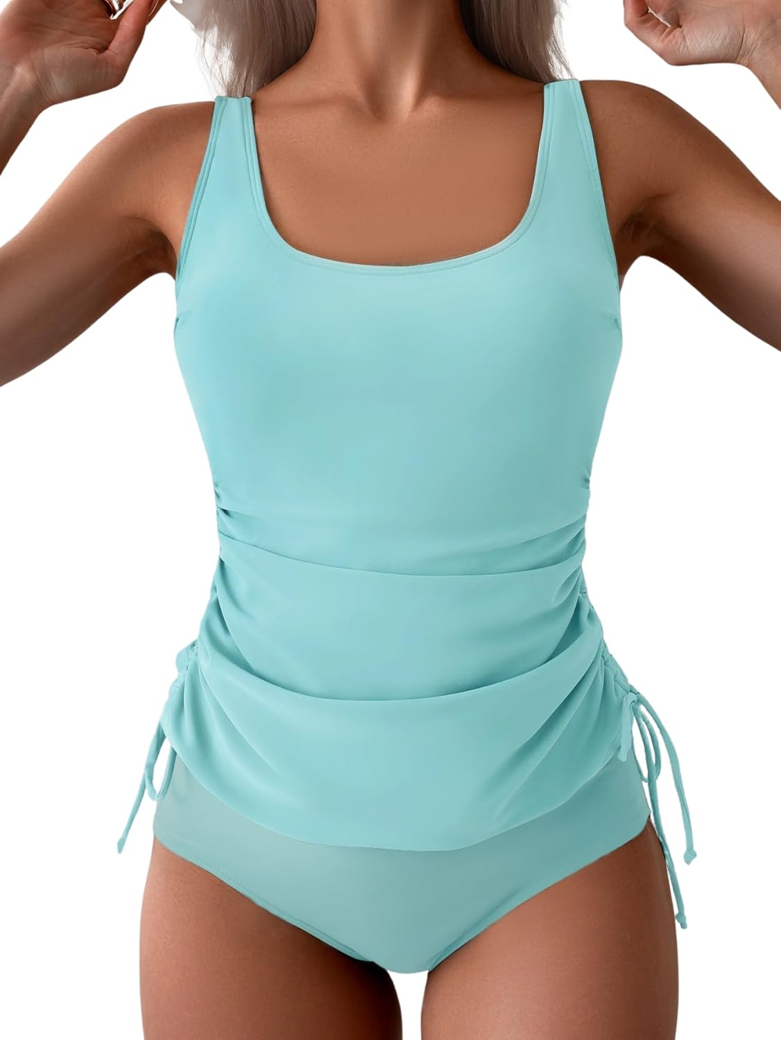 B2prity Tummy Control Tankini Swimsuit for Women Ruched Two Piece Bathing Suit Drawstring Swimwear with Bottom