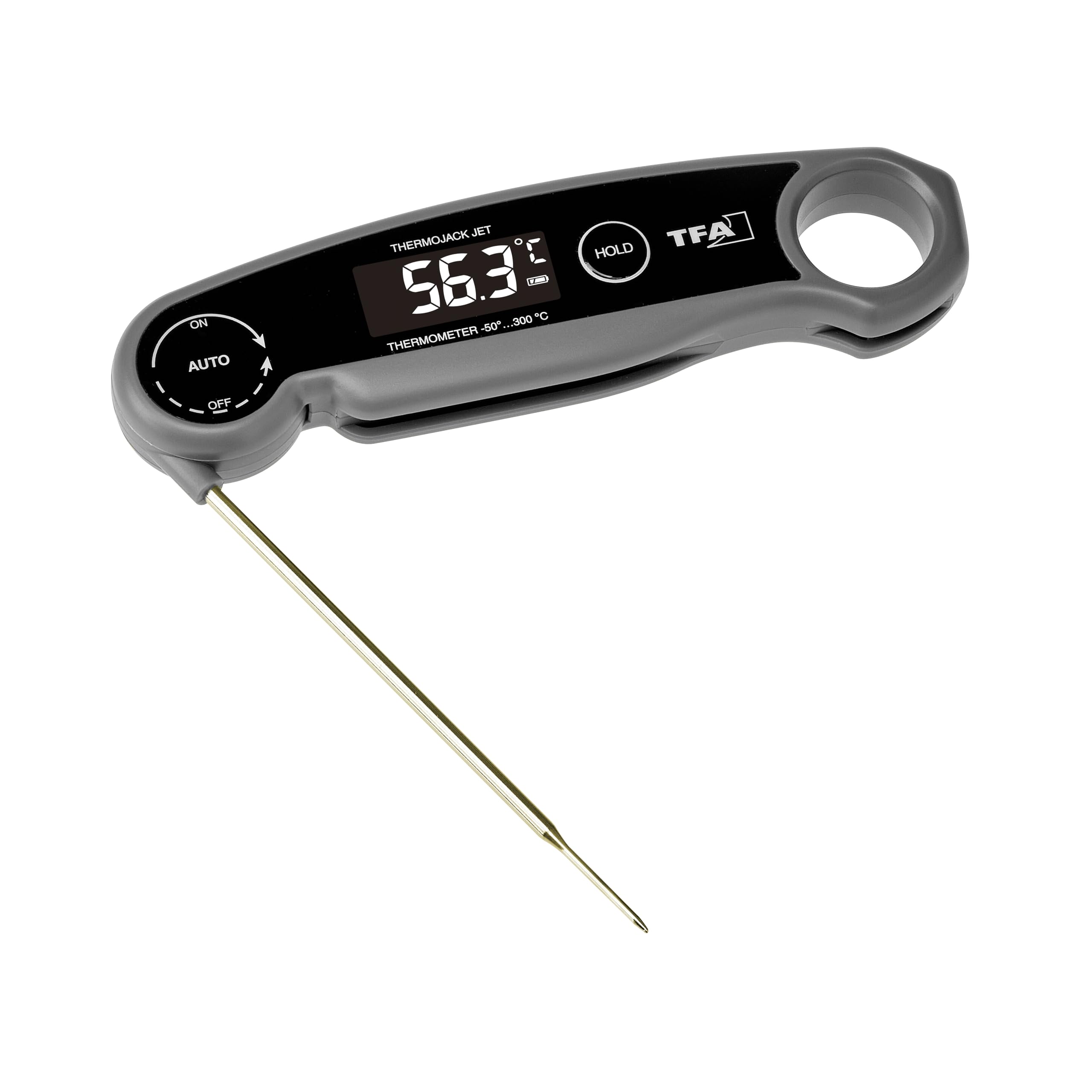 TFA Dostmann Digitales Grillthermometer Thermo Jack Jet, 30.1069, Fleischthermometer, Küchenthermometer, Einstichthermometer, Kerntemperatur, BBQ, aufladbar über USB, abwaschbar, grau