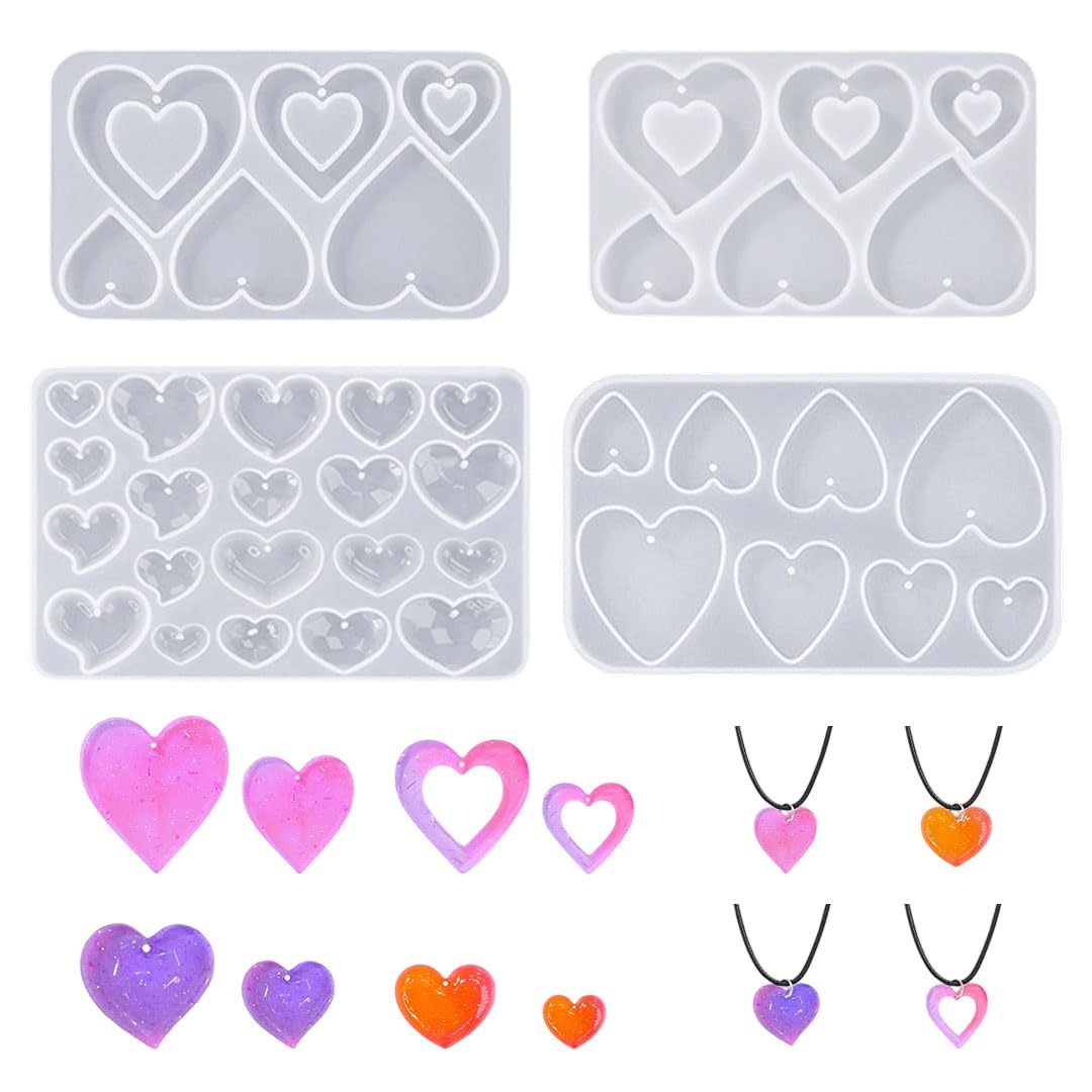 4Pcs Heart Resin Molds, Heart Shape Silicone Mold with Hole, Epoxy Resin Casting Craft Mold for Flower Preservation, DIY Pendant Necklace, Soap, Valentine's Day Gifts (White)