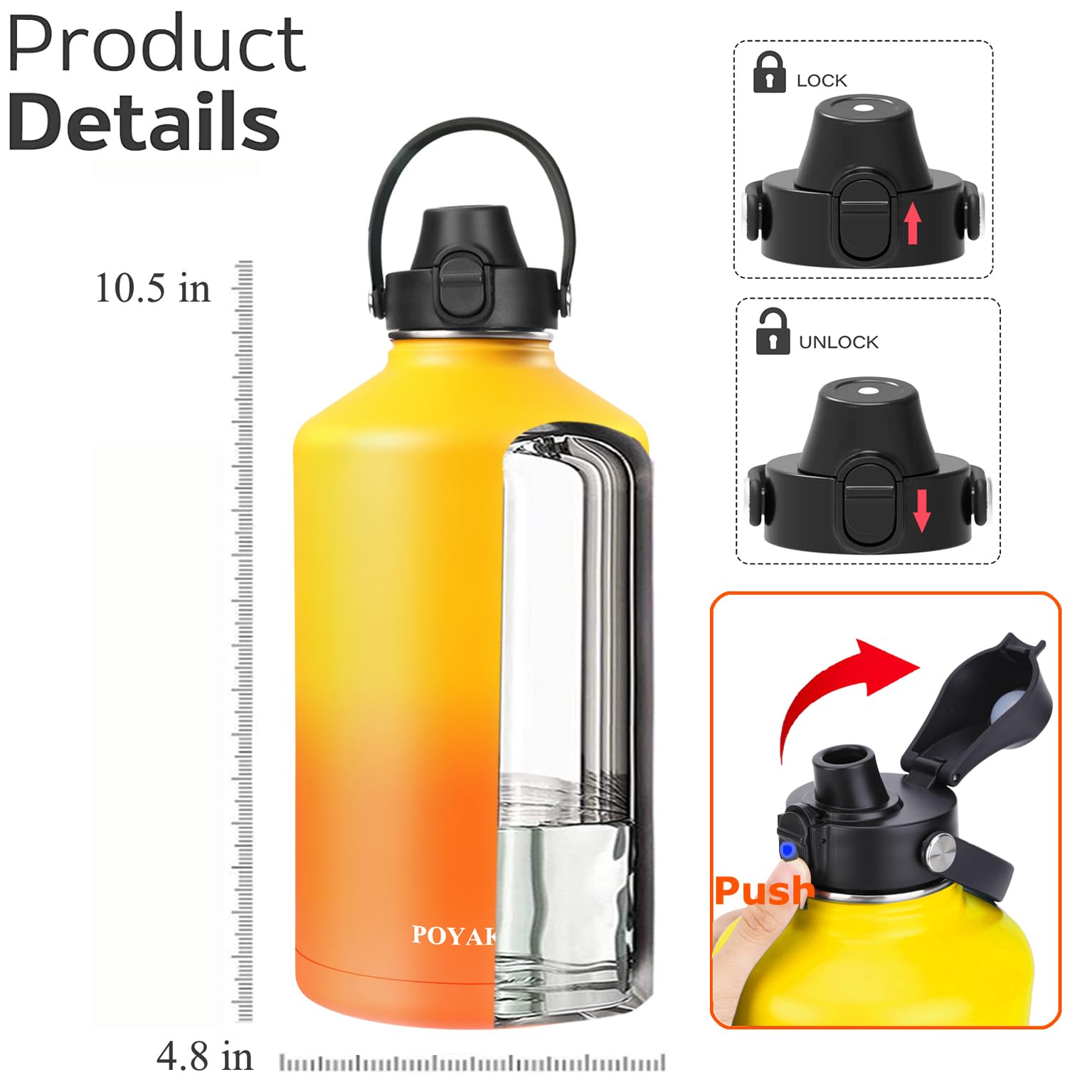 Isolierte Trinkflasche, 907 ml, 1,1 l, 1,8 l, 3,6 l, Strohhalm-Deckel, Auslaufdeckel und 3 Deckel, auslaufsicher, vakuumisoliert, Edelstahl, breite Öffnung, für Sport, Fitnessstudio oder Büro, Gelb