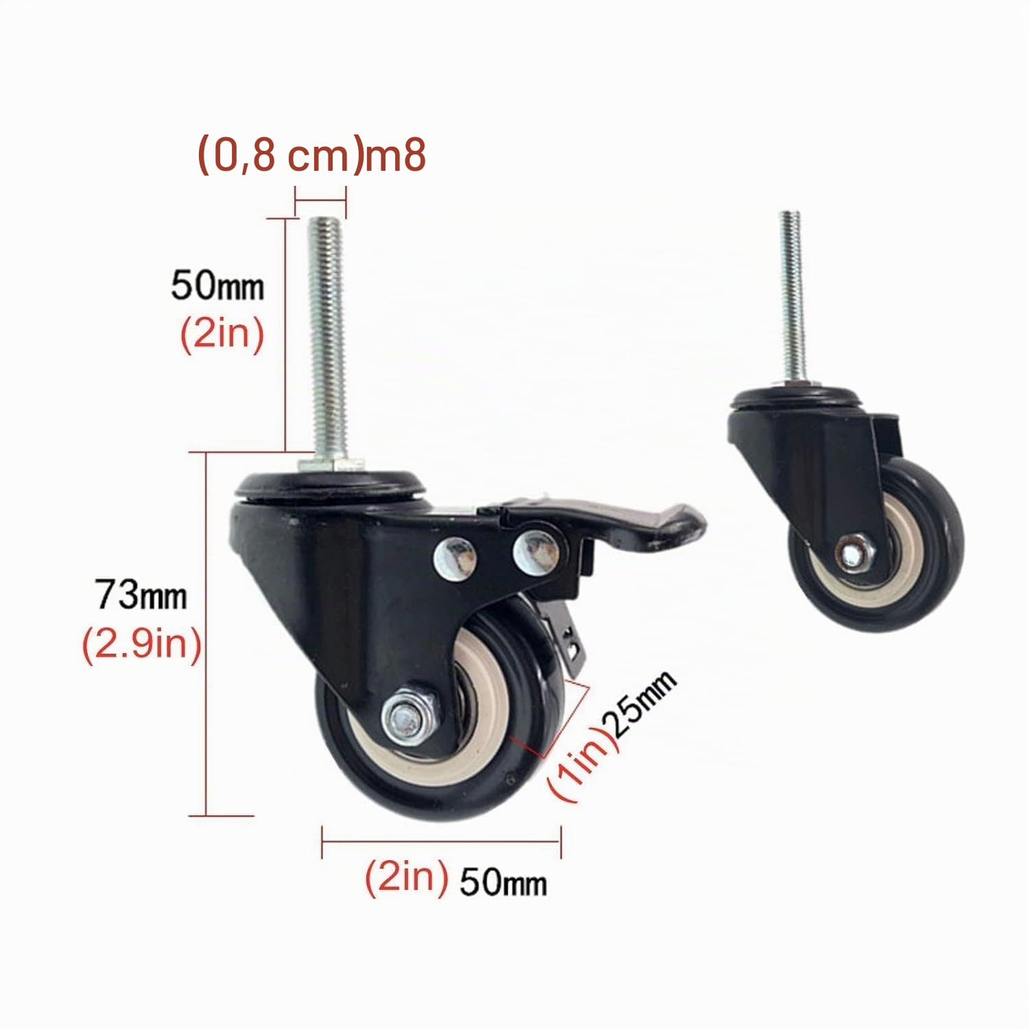 Lot de 4 roulettes pivotantes de 5,1 cm avec tige filetée en polyuréthane pour meubles et établis, double roulement, charge 150 kg