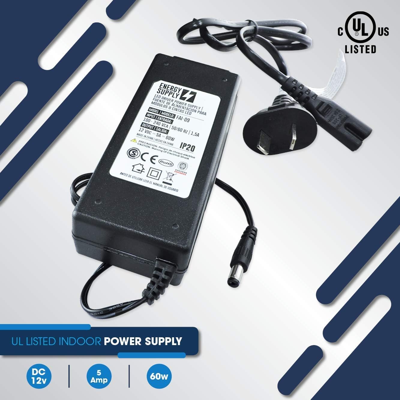 DEMASLED - Power Supply DC 12V 5A Plug Size: (OD 5.5mm | ID 2.1mm). UL Certified. for Led Lights Strips, Speakers, Amplifiers, PC Power Supply. (60W)