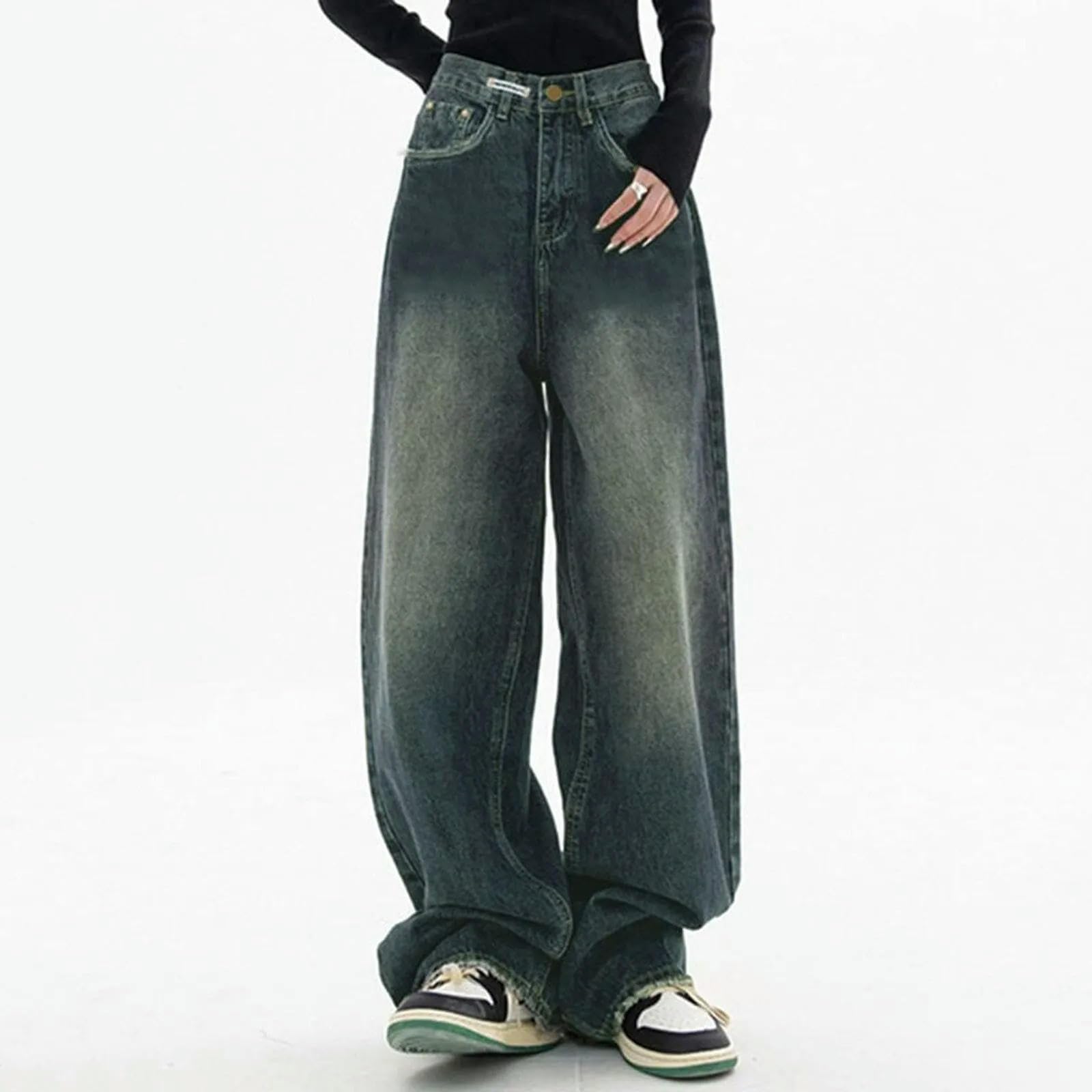 Pantalones De Mezclilla De Talle Alto De Moda Bolsillos De Calle Alta Pantalones De Mezclilla De Pierna Ancha Pantalones Vaqueros Holgados De Mujer-Azul-XXXL