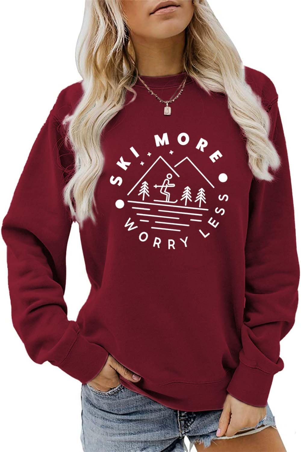 Ski More Worry Less Sweatshirt, Winter Sports Sweater Women Skiing Trip Shirt Crewneck Graphic Pullover Holiday Tops